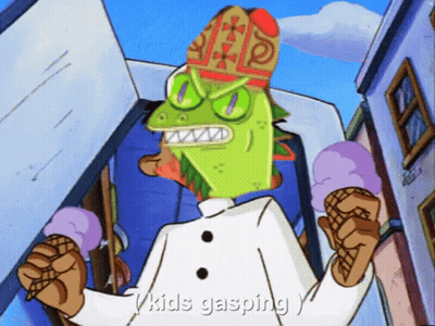 A Cartoon Character Holding Two Ice Cream Cones With The Words Kids Gasping GIF