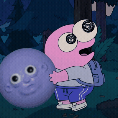 A Cartoon Character Holds A Purple Ball With A Face On It GIF