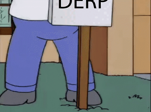 A Cartoon Character Holds A Sign That Says Derp GIF