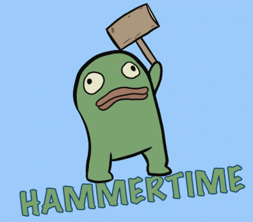 A Cartoon Character Holds Up A Sign That Says Hammertime GIF