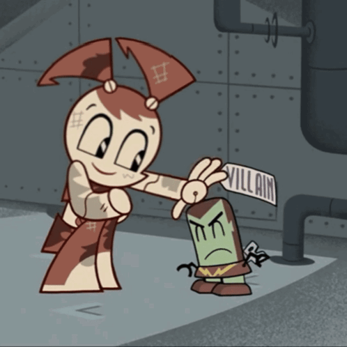 A Cartoon Character Holds Up A Sign That Says Villain GIF