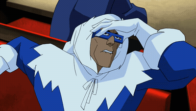 A Cartoon Character In A Blue And White Costume Is Covering His Face With His Hand GIF