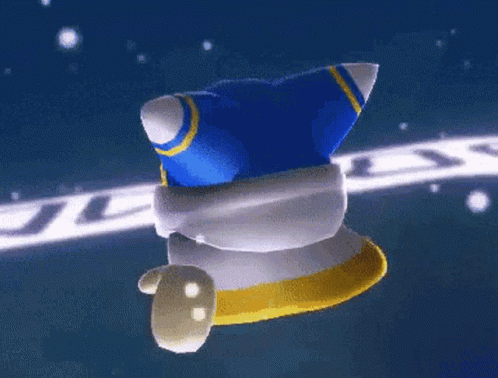 A Cartoon Character In A Blue And White Outfit Is Flying Through The Air . GIF