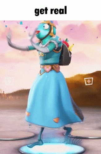 A Cartoon Character In A Blue Dress Is Dancing With The Words Get Real Below It GIF
