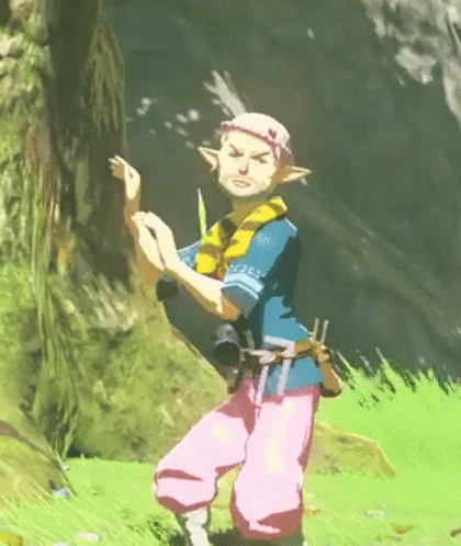 A Cartoon Character In A Blue Shirt And Pink Pants Is Dancing In The Grass . GIF