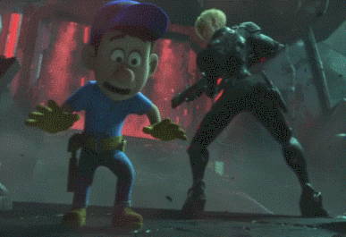 A Cartoon Character In A Blue Shirt Is Standing Next To A Robot GIF