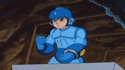 A Cartoon Character In A Blue Suit And Helmet Is Standing In A Dark Room . GIF