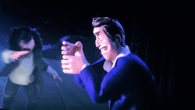 A Cartoon Character In A Blue Suit Is Reaching Out Towards Another Cartoon Character GIF