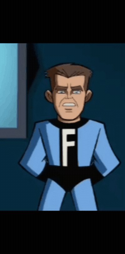 A Cartoon Character In A Blue Suit With The Letter F On His Chest GIF