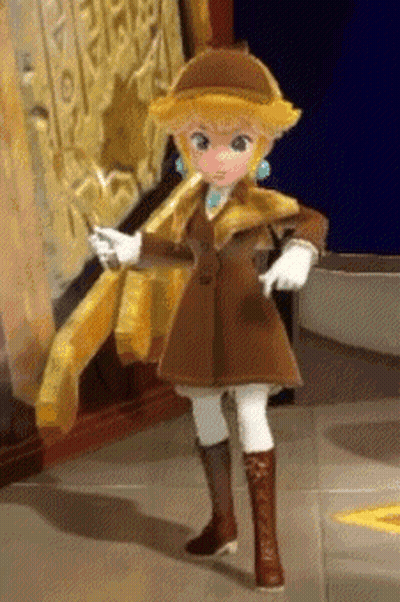 A Cartoon Character In A Brown Coat And Hat Is Standing On A Tiled Floor GIF