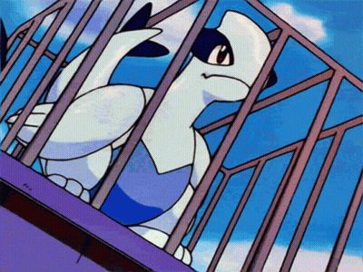 A Cartoon Character In A Cage With A Blue Sky Behind It GIF