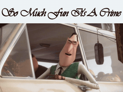 A Cartoon Character In A Car With The Words " So Much Fun It 'S A Crime " GIF