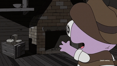 A Cartoon Character In A Cowboy Hat Stands In Front Of A Fireplace And Says Adult Swim At The Bottom GIF