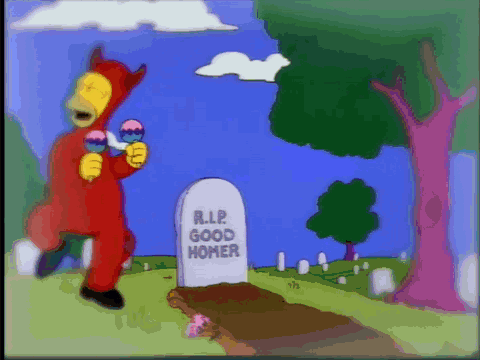 A Cartoon Character In A Devil Costume Is Standing In Front Of A Grave That Says R.i.p Good Homer GIF