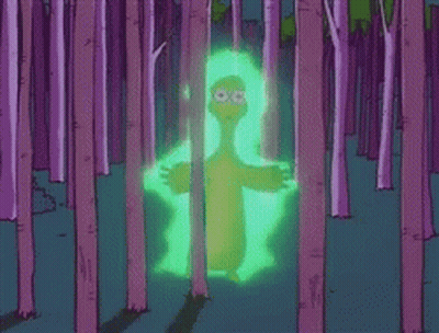 A Cartoon Character In A Forest With A Green Light Coming Out Of His Body GIF