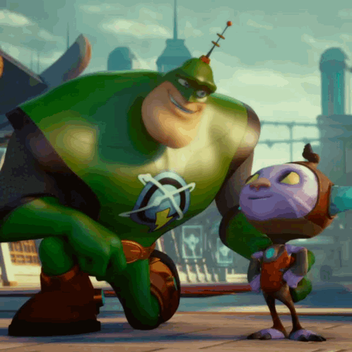 A Cartoon Character In A Green Superhero Costume Stands Next To A Smaller Character GIF