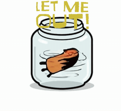 A Cartoon Character In A Jar With The Words Let Me Out Written Above It GIF