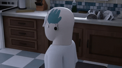 A Cartoon Character In A Kitchen With A Hand Drawn On His Head GIF