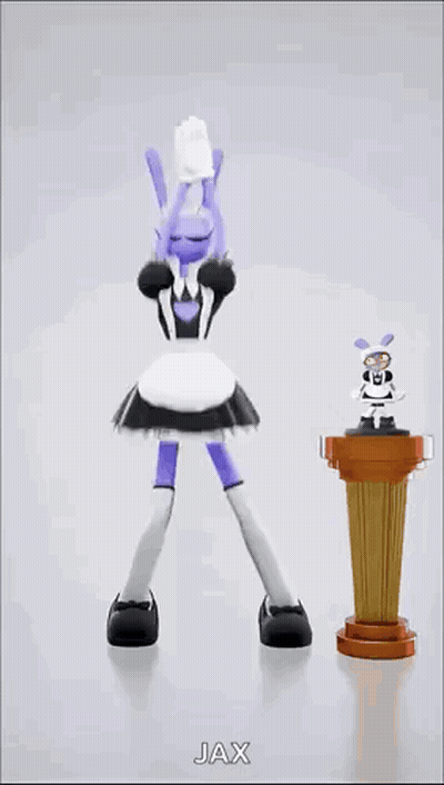 A Cartoon Character In A Maid Outfit Is Jumping In The Air Next To A Statue Of Jax GIF