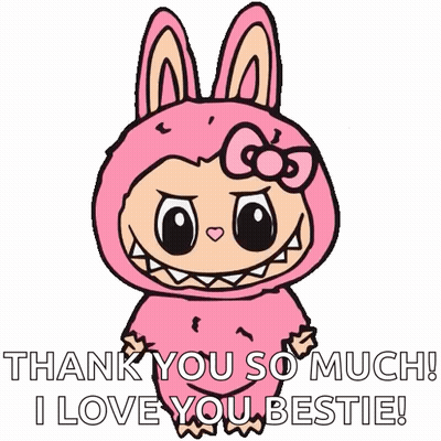 A Cartoon Character In A Pink Bunny Costume Is Saying Thank You So Much I Love You Bestie GIF