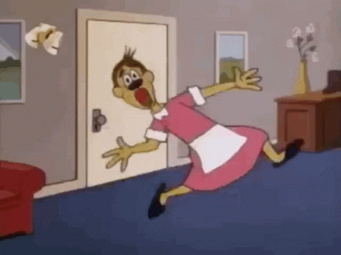 A Cartoon Character In A Pink Dress And Apron Is Running Through A Doorway . GIF