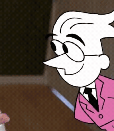 A Cartoon Character In A Pink Suit And Tie Is Smiling And Holding A Knife . GIF