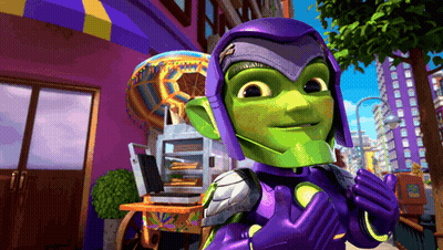 A Cartoon Character In A Purple And Green Costume GIF