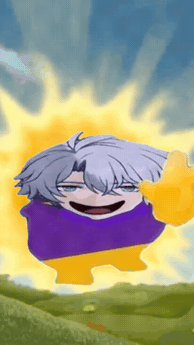 A Cartoon Character In A Purple And Yellow Outfit Is Standing In Front Of A Sun GIF