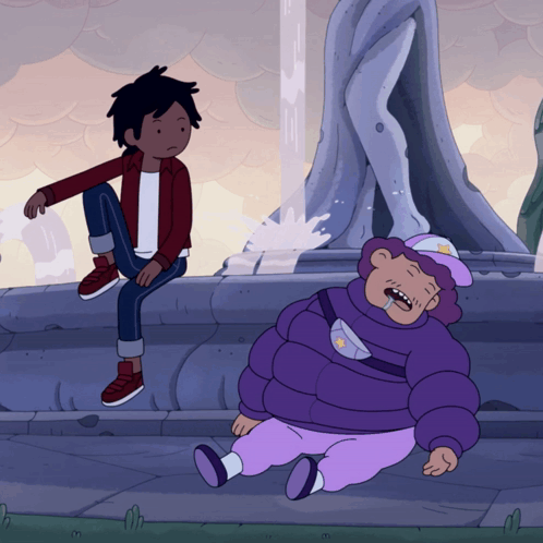 A Cartoon Character In A Purple Jacket Is Laying On The Ground Next To A Boy GIF
