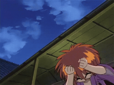 A Cartoon Character In A Purple Kimono Is Holding A Sword And Making A Funny Face GIF