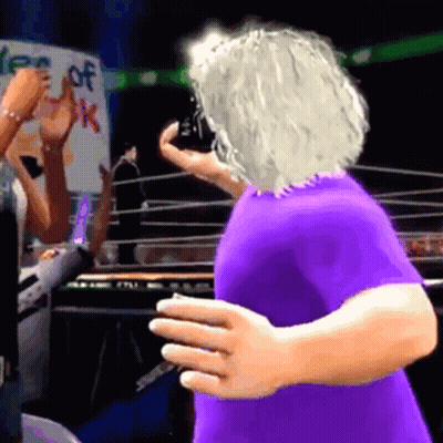 A Cartoon Character In A Purple Shirt Is Dancing In Front Of A Sign That Says " Yes Of Ok " GIF