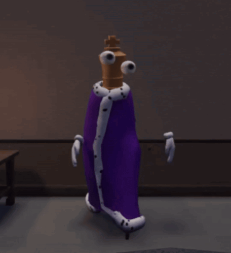 A Cartoon Character In A Purple Suit With A Chess Piece Head GIF