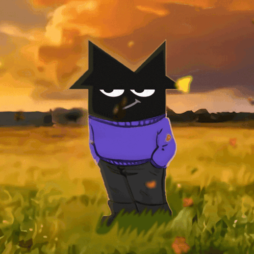 A Cartoon Character In A Purple Sweater Is Standing In A Field With His Hands In His Pockets GIF