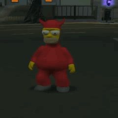 A Cartoon Character In A Red Devil Costume Is Standing On The Street GIF