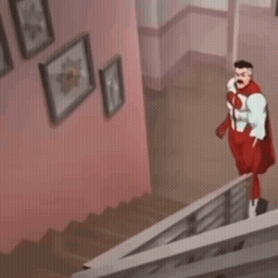 A Cartoon Character In A Red Superhero Costume Is Standing On Top Of A Set Of Stairs . GIF