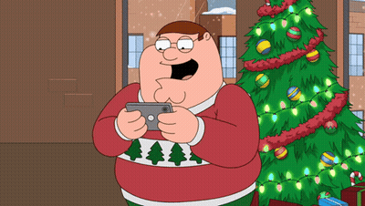 A Cartoon Character In A Red Sweater Is Holding A Cell Phone In Front Of A Christmas Tree GIF