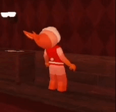 A Cartoon Character In A Red Vest And Shorts Is Standing In A Room . GIF