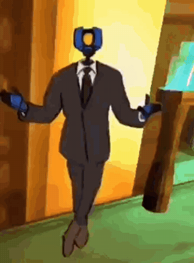 a cartoon character in a suit and tie is standing in a hallway .