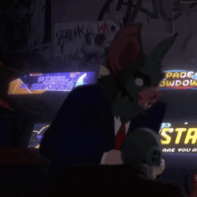 A Cartoon Character In A Suit And Tie Is Standing In Front Of A Space Showdown Sign GIF