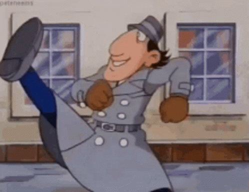 A Cartoon Character In A Trench Coat And Hat Is Kicking Up His Leg GIF