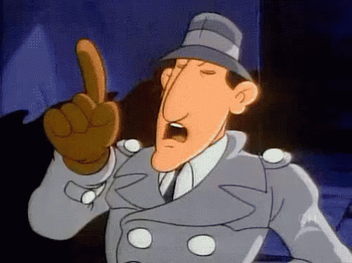 A Cartoon Character In A Trench Coat And Hat Is Pointing His Finger Up . GIF