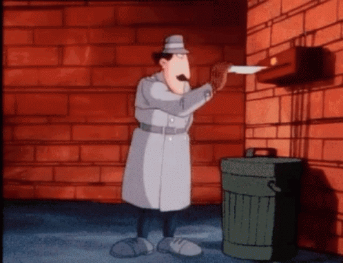 A Cartoon Character In A Trench Coat Is Standing Next To A Trash Can GIF