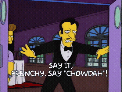 A Cartoon Character In A Tuxedo Says " Say It Frenchy Say Chowdah " GIF