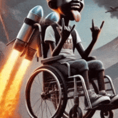 A Cartoon Character In A Wheelchair With A Rocket On His Back Giving The Middle Finger . GIF