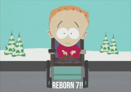 A Cartoon Character In A Wheelchair With The Words Reborn 7 On The Bottom GIF