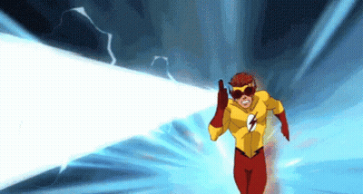 A Cartoon Character In A Yellow And Red Superhero Costume Is Running Through A Lightning Storm . GIF