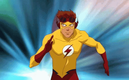 A Cartoon Character In A Yellow And Red Superhero Suit With A Lightning Bolt On His Chest GIF