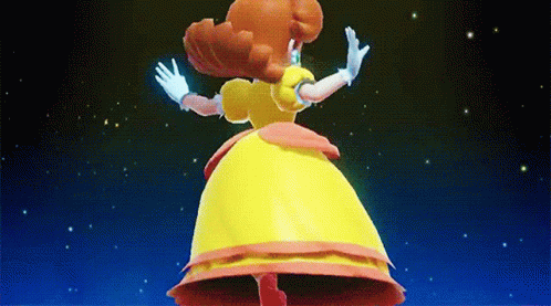 A Cartoon Character In A Yellow Dress Is Dancing In Front Of A Starry Sky . GIF