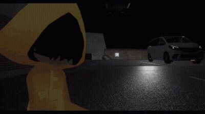 A Cartoon Character In A Yellow Hoodie Is Holding A Gun In Front Of A Car GIF