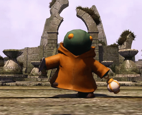 A Cartoon Character In An Orange Coat Is Standing In Front Of Ruins GIF